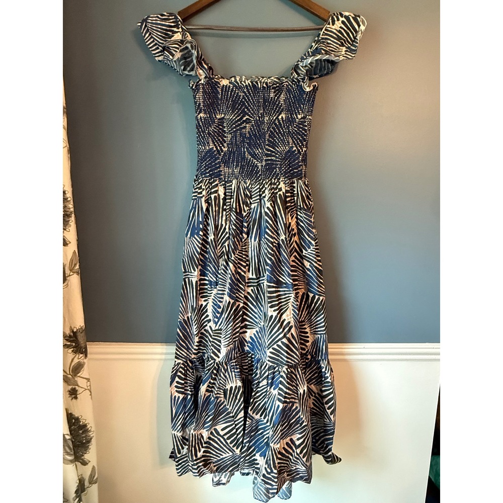 Cara Cara Blue Palm Print Smocked Midi Dress Ruffle Sleeve Cotton Medium - Picture 2 of 6